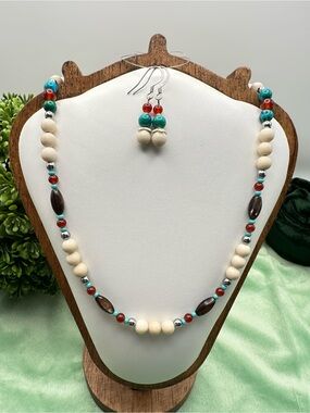 Southwestern River Stone, Turquoise Azurite & Carnelian Beaded Necklace Earrings